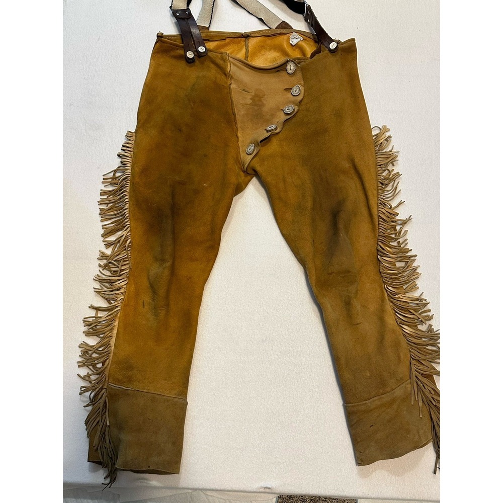 Vintage Handmade Buck Skin Leather Western Fringe Antler Cowboy Pant 36W x 29"L